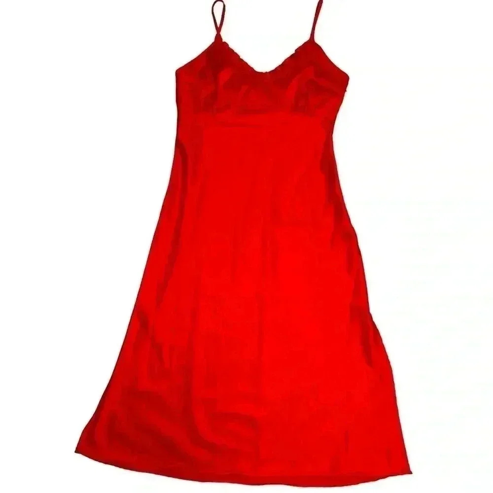 Japna Babydoll Style Satin Slip Midi Dress Side Slit Sz M Ruffle Neckline